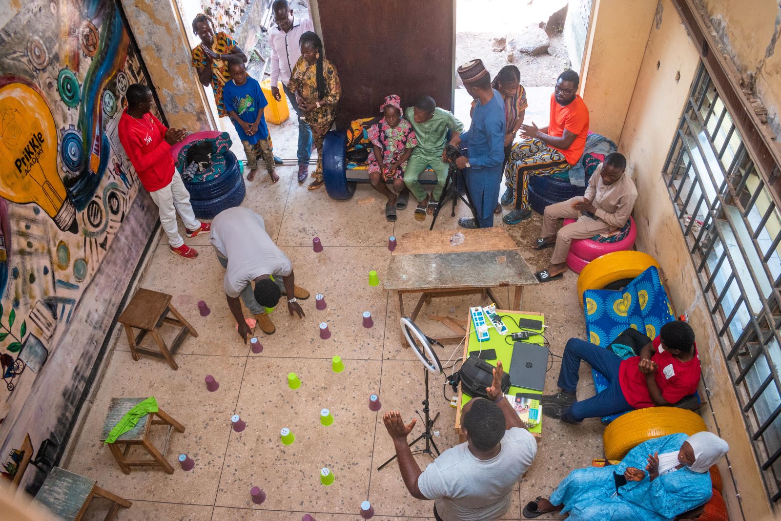 An overhead view of a collaborative session inside the Afon Makerspace